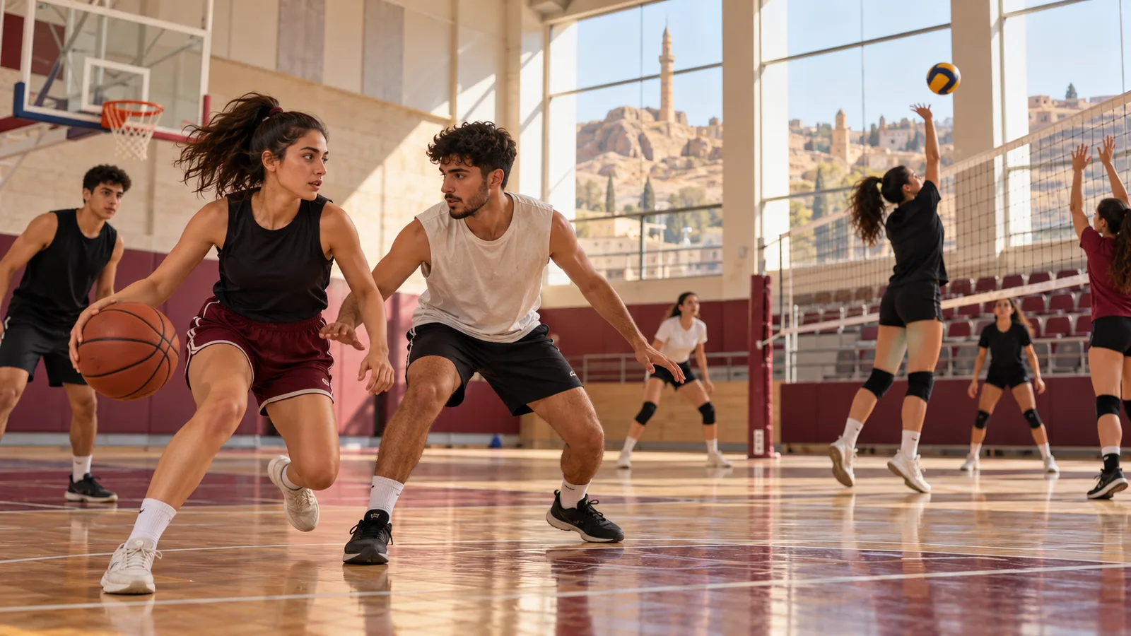 Gençlerin kapalı spor salonunda farklı sporlarla buluşmasını betimleyen temsili illüstrasyon